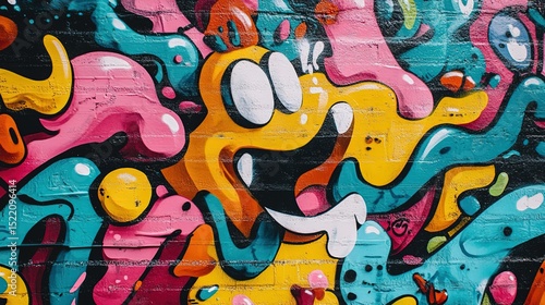 Wallpaper Mural Abstract colorful graffiti mural with cartoon characters, dynamic colors, and fluid lines on dark background highlighting bright designs for energetic atmosphere. Ideal for urban decor, wall art, or a Torontodigital.ca