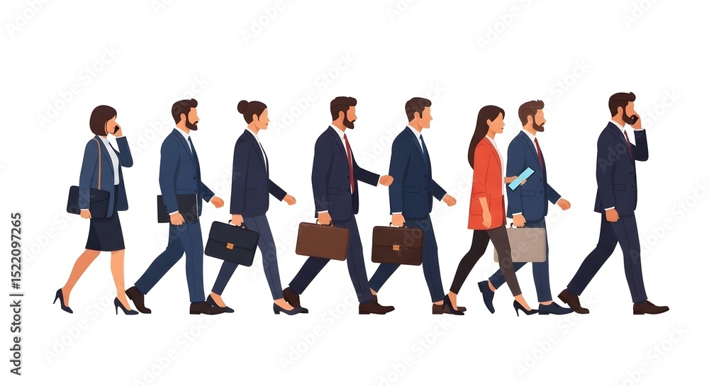 Obraz premium Business people walking vector illustration of diverse professional team with briefcase and phone