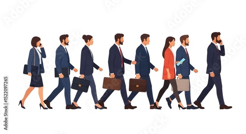 Business people walking vector illustration of diverse professional team with briefcase and phone