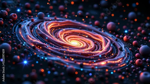 A glowing, cosmic spiral with bright particles and spherical objects, resembling a stylized galaxy in deep space.