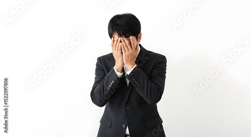 Stressed businessman covering face with hands in despair and frustration on white background studio shot