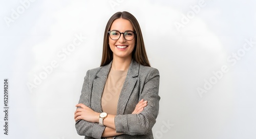 Professional woman portrait smiling wearing glasses and blazer with arms crossed on white background