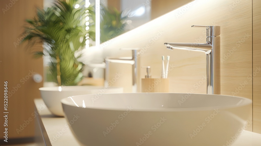 Fototapeta premium A modern bathroom with a sleek, minimalist design featuring a white countertop, a sleek, chrome-finished faucet