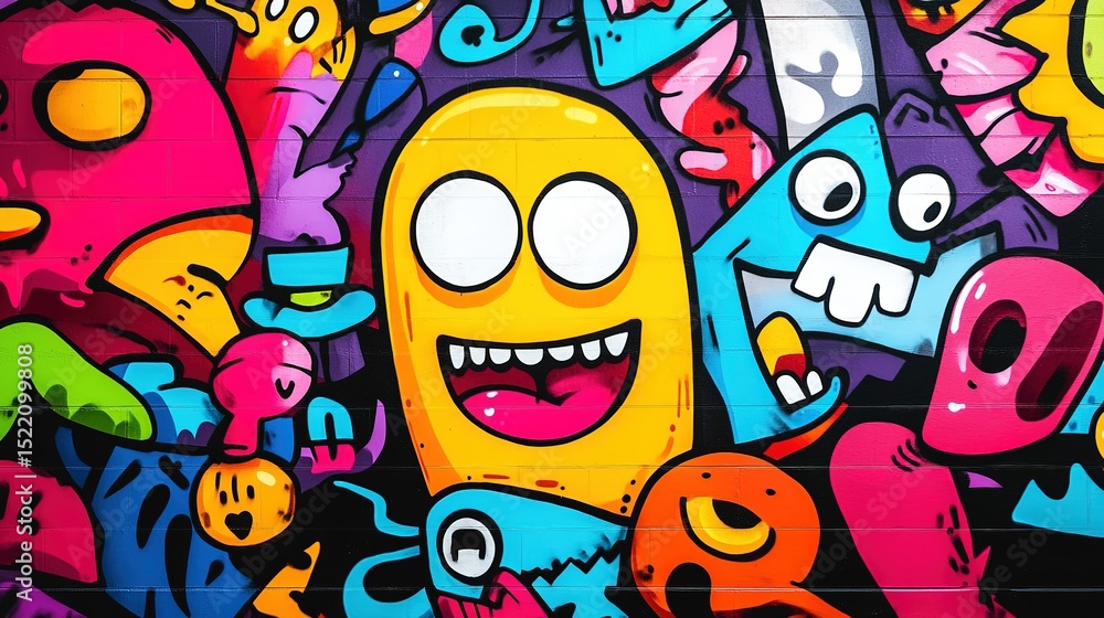 Abstract colorful graffiti mural with cartoon characters, dynamic colors, and fluid lines on dark background highlighting bright designs for energetic atmosphere. Ideal for urban decor, wall art, or a Abstract colorful graffiti mural with cartoon characters, dynamic colors, and fluid lines on dark background highlighting bright designs for energetic atmosphere. Ideal for urban decor, wall art, or a