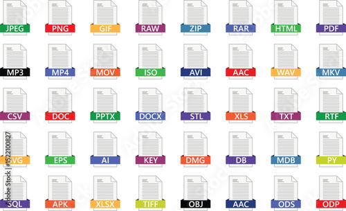 Vector illustration showcasing various digital file format icons in organized and colorful arrangement