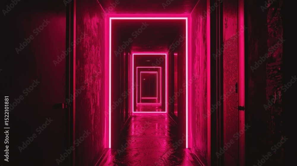 Fototapeta premium A long dark hallway with neon pink light frames illuminated