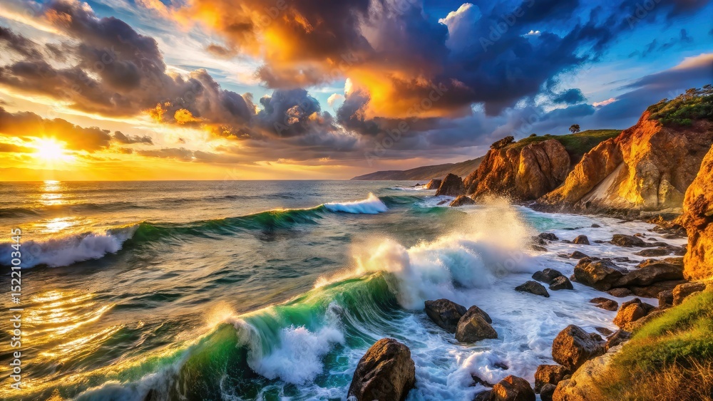 Fototapeta premium California's Point Dume: Rule of thirds composition captures dramatic waves and coastal beauty.