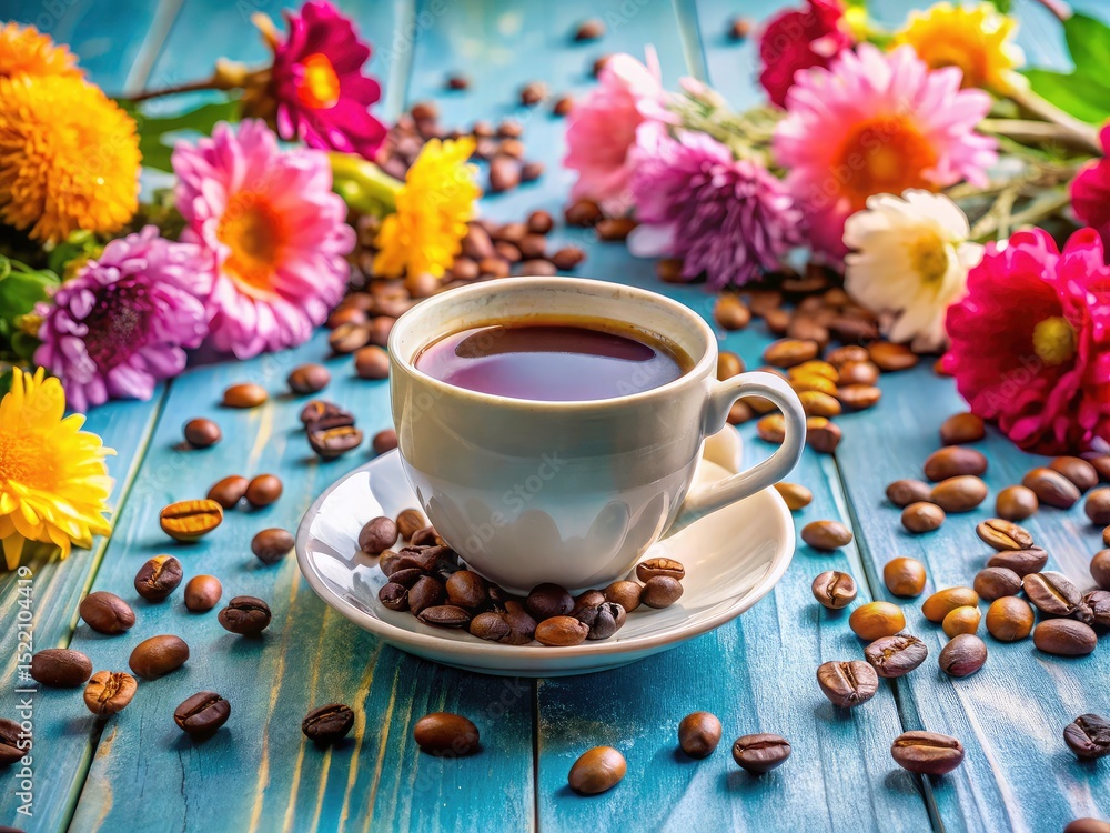 Fototapeta premium Candid coffee photography: the beauty of morning coffee, flowers, and blue hues.