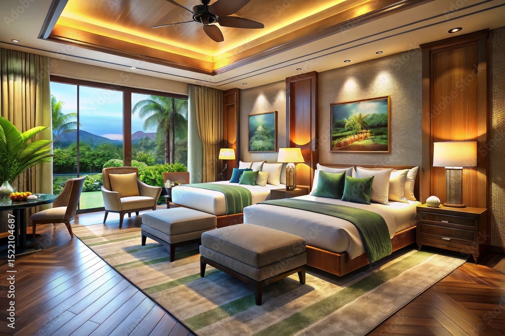 Naklejka premium Candid photography style 3D render reveals a lavish twin suite in a luxury resort hotel.