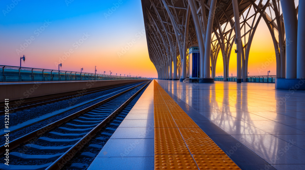 Fototapeta premium An empty, modern train station under a colorful sunset sky, with symmetrical architecture, reflective floors, and shining railroad tracks. The inviting light creates a serene atmosphere.
