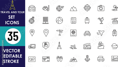 35 editable vector travel icons: hotel, passport, airplane, suitcase, globe, map pin, camera, Eiffel Tower, beach, boat, bus, mountains, train, location