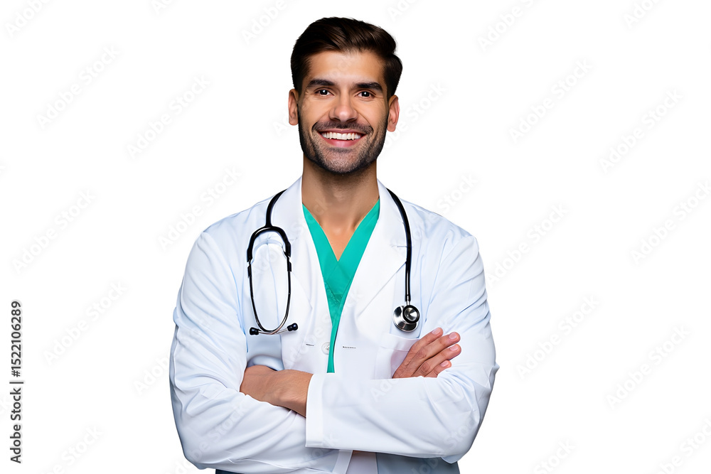Fototapeta premium Smiling doctor in scrubs, isolated on white background