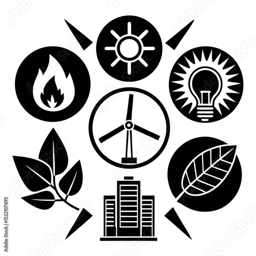 Silhouette of eco friendly icons including wind energy, solar power, fire, leaves, light bulb and city