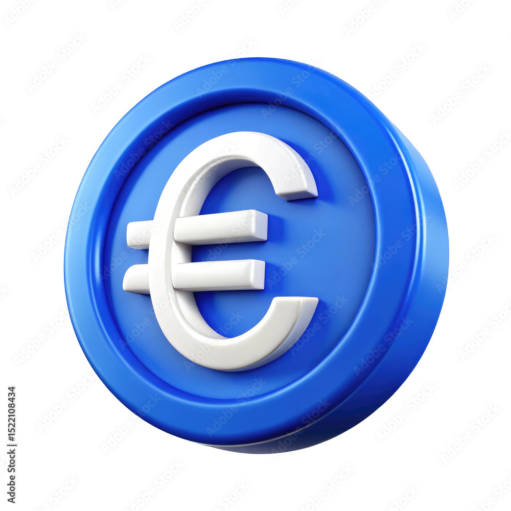 Euro Currency Symbol on Blue Coin 3d icon in cartoon plastic style minimal isolated on transparent white background, clipping path Euro Currency Symbol on Blue Coin 3d icon in cartoon plastic style minimal isolated on transparent white background, clipping path