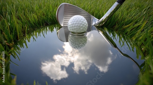 Golf ball reflection in puddle on grass