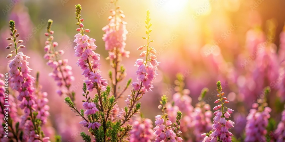 Naklejka premium Soft pink heather flowers in full bloom against a warm sunlit background with a subtle texture effect , natural, outdoors