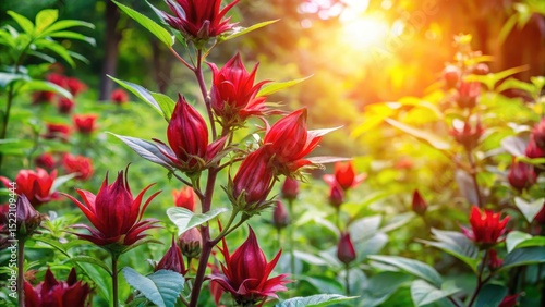 Fototapeta Naklejka Na Ścianę i Meble -  Red Roselle flowers in a lush garden surrounded by greenery and tall stems of Hibiscus Sabdariffa plants, with sunlight filtering through the leaves, red flowers, floral arrangement