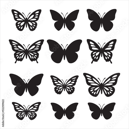 a set of four black silhouette butterfly illustrations in a vertical row. Each butterfly should have a unique wing shape and design, ranging from simple solid silhouettes to more detailed wing pattern
