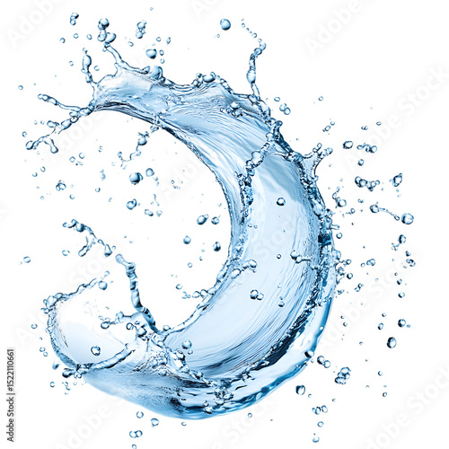 Dynamic water splash with droplets on black background