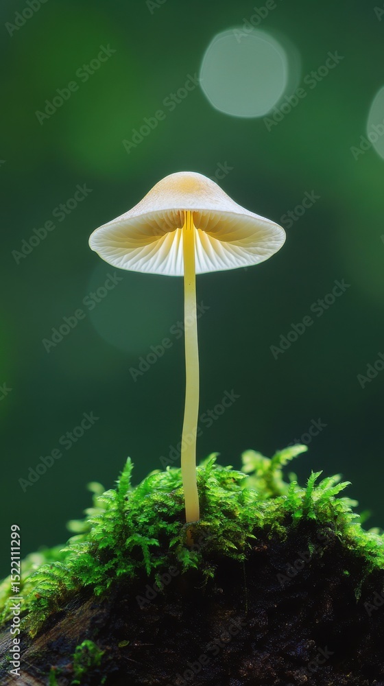 Fototapeta premium Delicate Mushroom on Mossy Log CloseUp of a Small Fungi in a Lush Green Forest