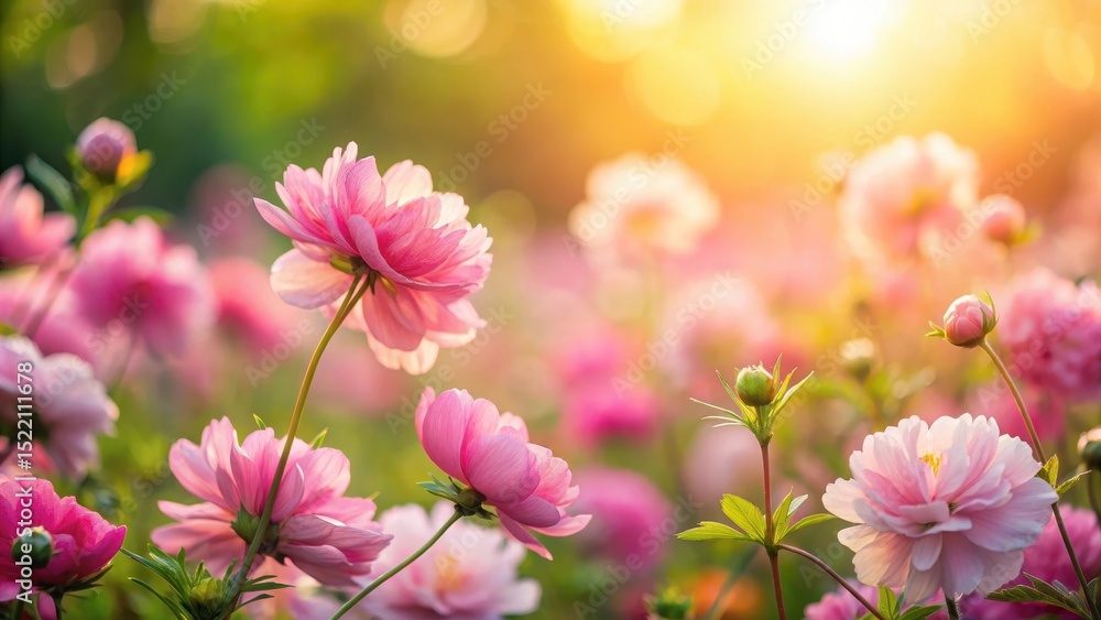 Soft pink flowers blooming in a spring garden with blurred background and warm sunlight filter Soft pink flowers blooming in a spring garden with blurred background and warm sunlight filter