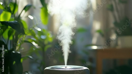 White humidifier releasing fresh steam in tranquil indoor setting with natural light