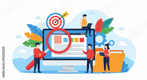 Flat Vector Illustration of Team Document Analysis with Magnifying Glass and Computer Monitor