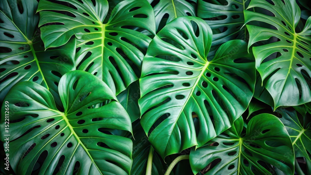 Fototapeta premium Lush green Monstera deliciosa plant with large holes in its leaves, botany, foliage, botany, foliage, green, indoor, leafy