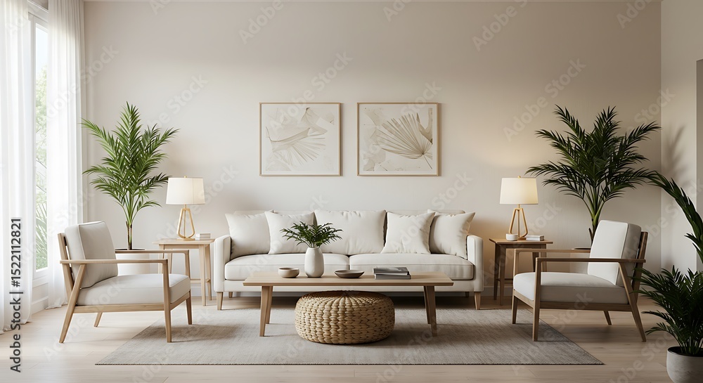 Fototapeta premium Serene Minimalist Living Room Design: Light, Airy, and Tranquil Space