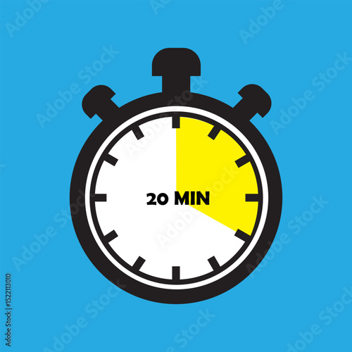 20 Minutes Timer Icon, Modern Flat Design. Clock, Stopwatch, Chronometer Showing Twenty Minutes Label. Cooking time, Countdown Indication.