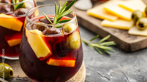 A glass of red sangria garnished with cheese, olives, rosemary, and served alongside a cheese platter.