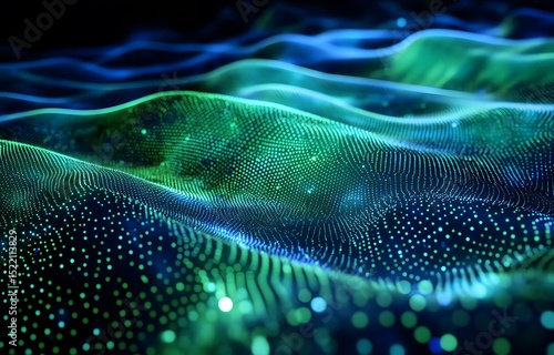 Abstract digital background with a green gradient and a wave of dots in a dark blue color. 