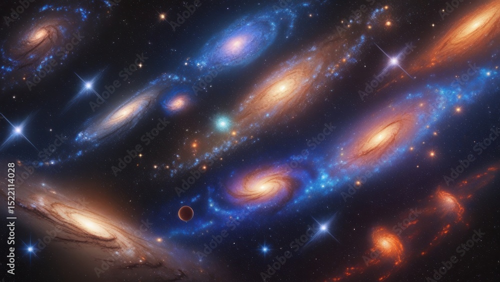 Fototapeta premium A cosmic tapestry of interacting galaxies in deep space.