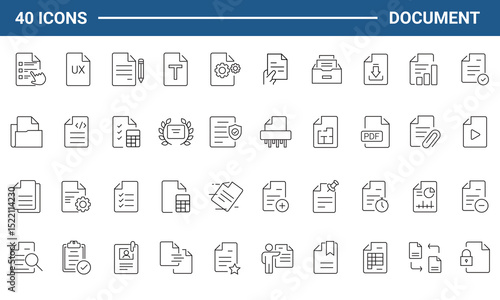 Document set of web icons in line style. Documents linear icon collection. Containing contract papers, folder, certificate, accept, approved, clipboard, invoice, archive and more. Editable stroke