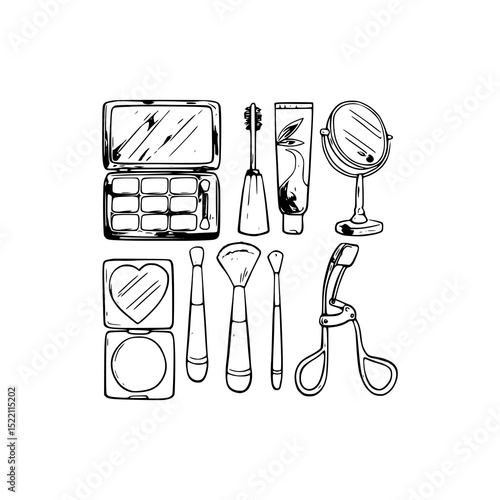 Vector art of assorted makeup items isolated on white background, including eyeshadow palette, mascara, and brushes vector silhouette