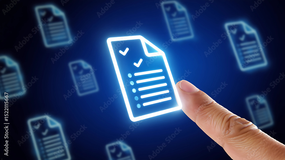 Digital Document Interaction – Finger Touching Glowing Checklist Icon in Tech Environment Digital Document Interaction – Finger Touching Glowing Checklist Icon in Tech Environment