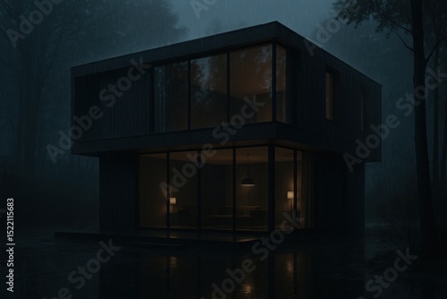 Wallpaper Mural Dark Minimalist Home with Full Glass Walls and Foggy Forest Background Torontodigital.ca