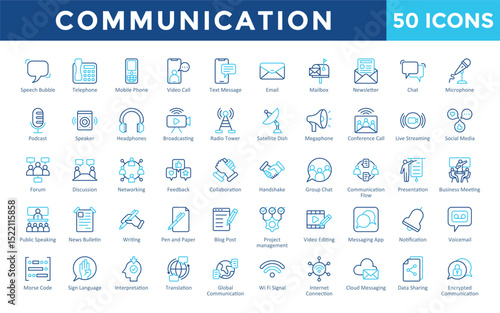 Communication icons set with speech bubble, telephone, mobile phone, video call, text message, email, mailbox, newsletter, chat, microphone icon. Simple outline color vector 
