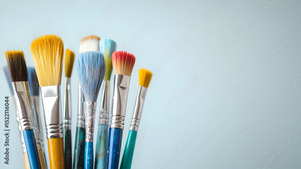 Fototapeta premium Assortment Of Colorful Paintbrushes On Light Blue Background