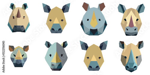 Multiple vector illustrations rhinoceros, low poly style


