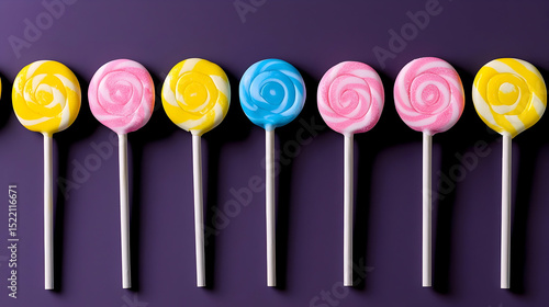 Colorful Lollipops in a Row on Purple Background