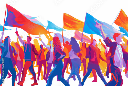 Crowd Marching with Flags Illustration Protest or Rally