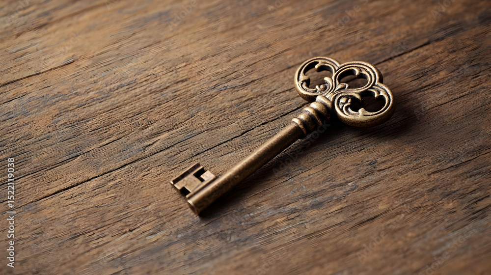Antique Brass Key On Wooden Background Antique Brass Key On Wooden Background