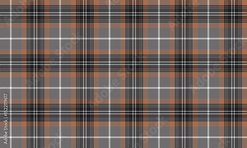 Seamless plaid pattern in dark grey, orange, black and white. Classic and unique design. Suitable for designing clothes, skirts, pants, giving a modern or vintage look.