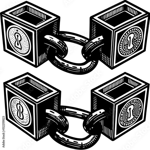 Two chains connecting cubes with keyhole designs art
