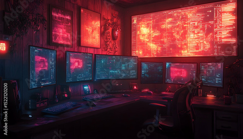 Cluttered control room with glowing screens and digital displays in red and blue, lit by neon lights