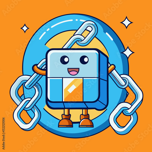 Cartoon block character with chains on an orange background