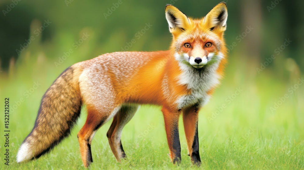 The Red Fox's Stance: A striking image of a red fox stands in lush green field, showcasing its vibrant fur and focused gaze. Capturing the spirit of the wild. The Red Fox's Stance: A striking image of a red fox stands in lush green field, showcasing its vibrant fur and focused gaze. Capturing the spirit of the wild.
