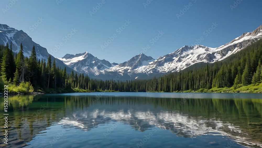Naklejka premium Crystal-Clear Lake Reflecting Snow-Capped Mountains and Pines – Ultra HD Photorealistic Scene
