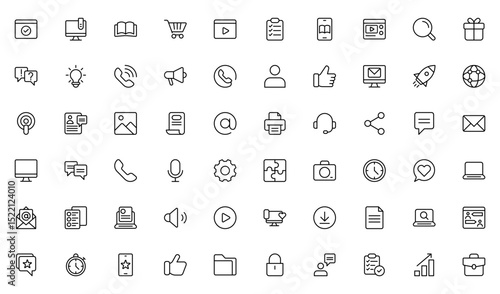Media outline Icon Set. A sleek and modern collection of icons designed for the media industry, perfect for enhancing news platforms, entertainment apps, and digital marketing materials.